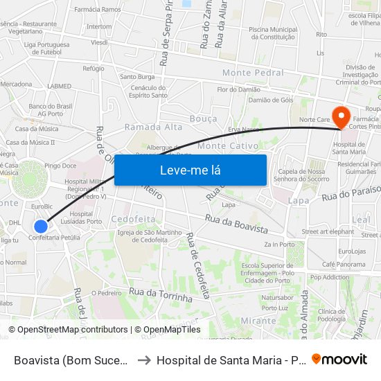 Boavista (Bom Sucesso) to Hospital de Santa Maria - Porto map