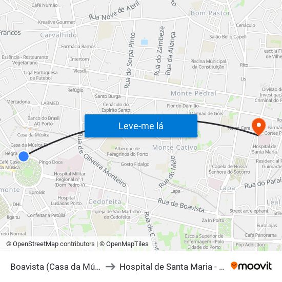 Boavista (Casa da Música) to Hospital de Santa Maria - Porto map