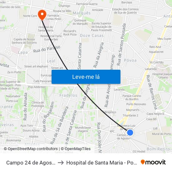 Campo 24 de Agosto to Hospital de Santa Maria - Porto map