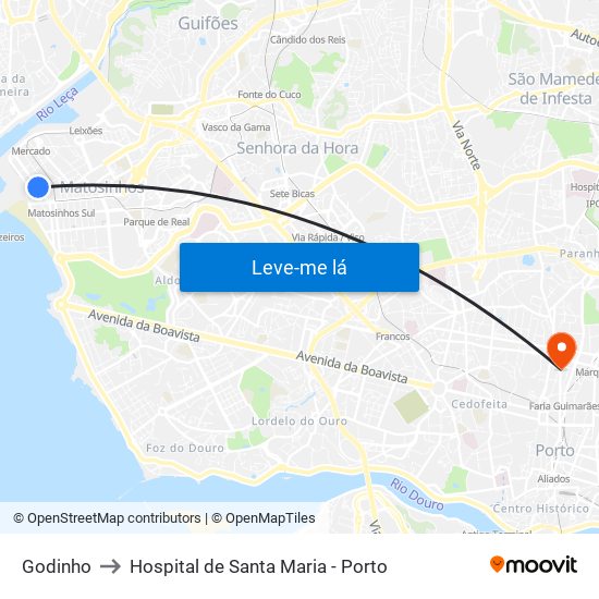 Godinho to Hospital de Santa Maria - Porto map