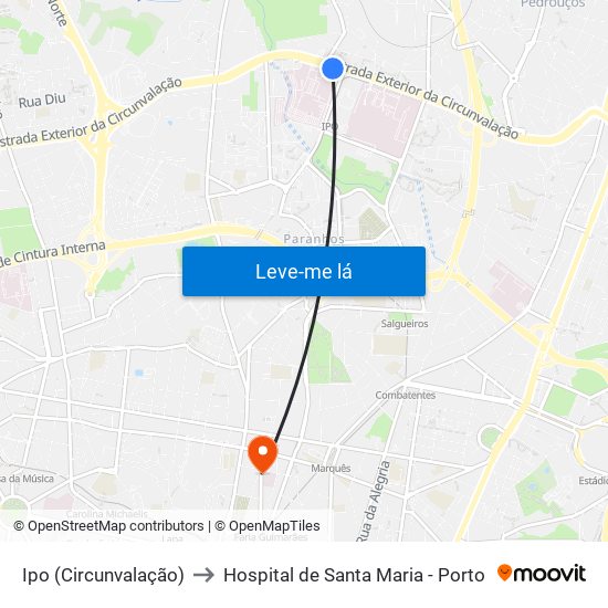 Ipo (Circunvalação) to Hospital de Santa Maria - Porto map