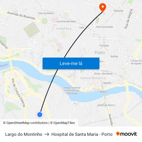 Largo do Montinho to Hospital de Santa Maria - Porto map