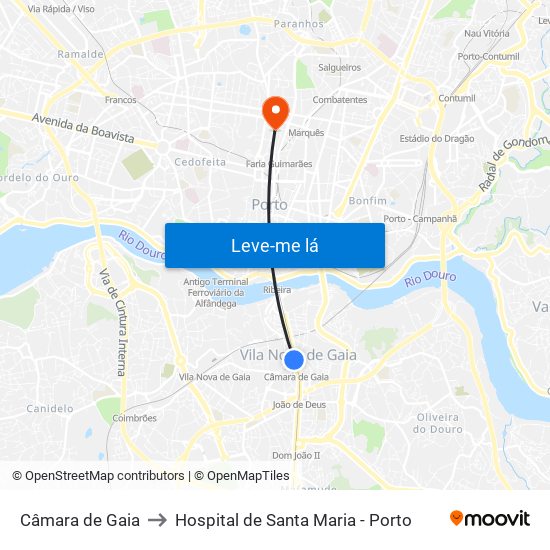 Câmara de Gaia to Hospital de Santa Maria - Porto map