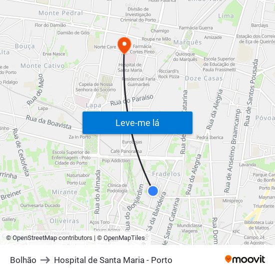 Bolhão to Hospital de Santa Maria - Porto map