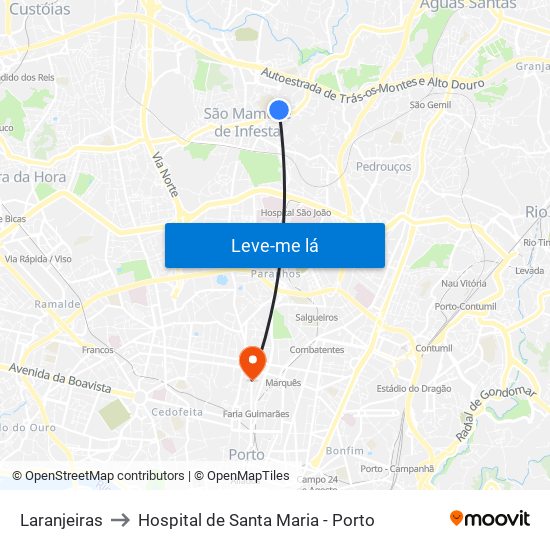 Laranjeiras to Hospital de Santa Maria - Porto map