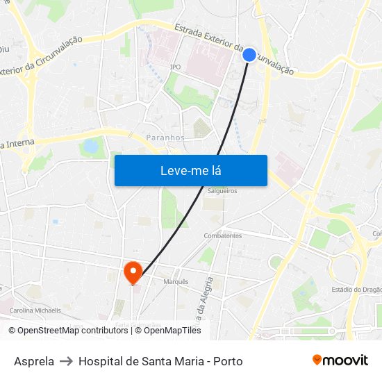 Asprela to Hospital de Santa Maria - Porto map