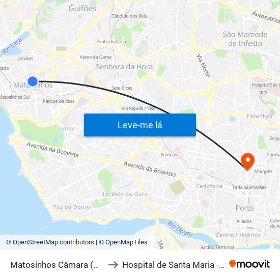 Matosinhos Câmara (Matc1) to Hospital de Santa Maria - Porto map