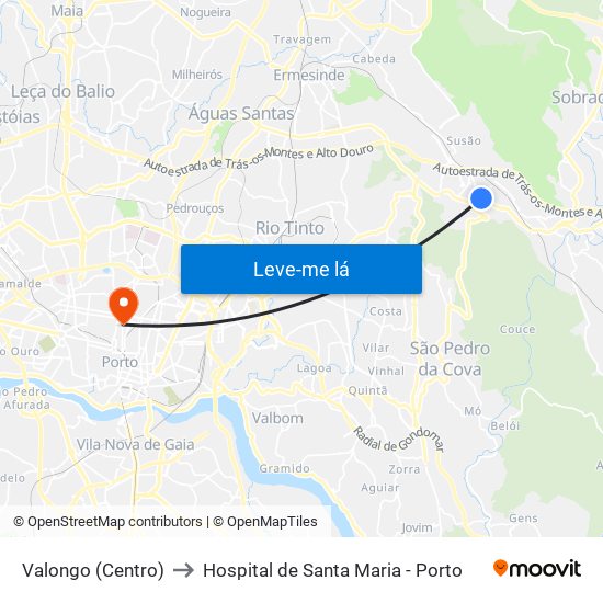 Valongo (Centro) to Hospital de Santa Maria - Porto map