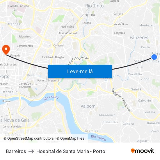 Barreiros to Hospital de Santa Maria - Porto map