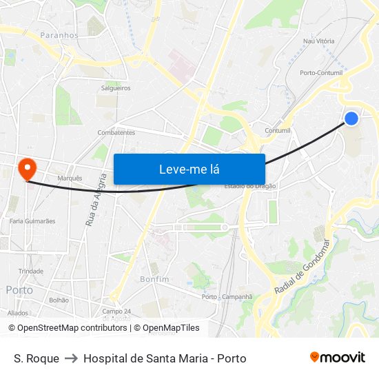 S. Roque to Hospital de Santa Maria - Porto map