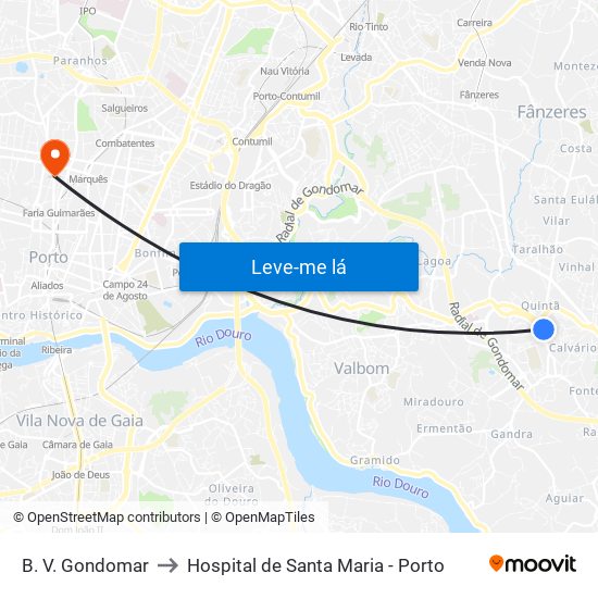 B. V. Gondomar to Hospital de Santa Maria - Porto map