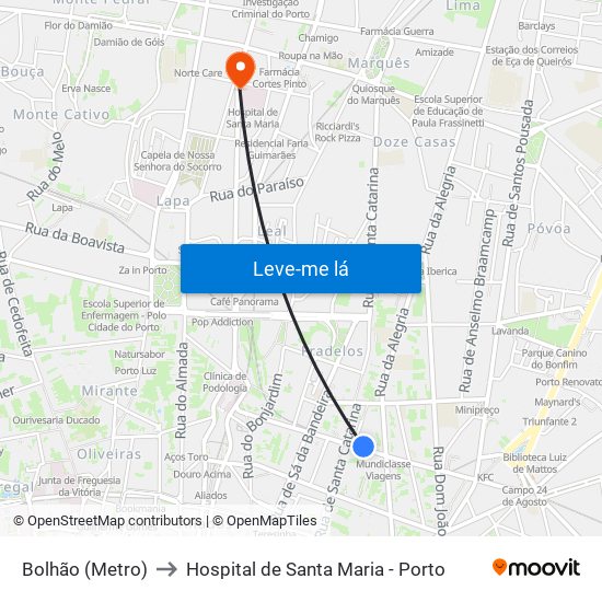 Bolhão (Metro) to Hospital de Santa Maria - Porto map