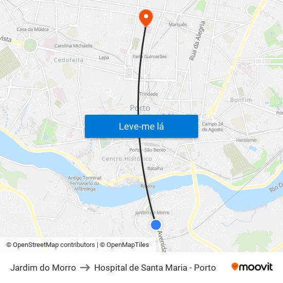 Jardim do Morro to Hospital de Santa Maria - Porto map