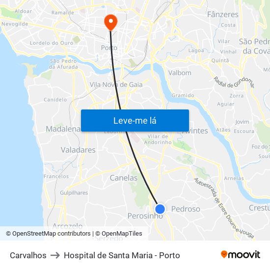 Carvalhos to Hospital de Santa Maria - Porto map