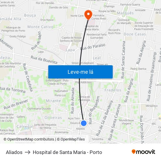 Aliados to Hospital de Santa Maria - Porto map