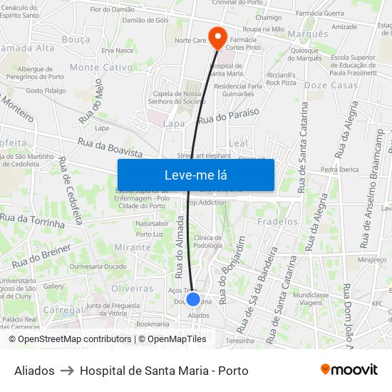 Aliados to Hospital de Santa Maria - Porto map