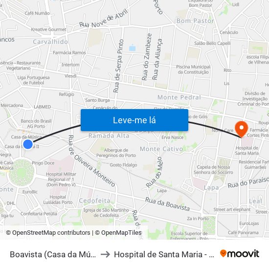 Boavista (Casa da Música) to Hospital de Santa Maria - Porto map