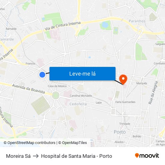 Moreira Sá to Hospital de Santa Maria - Porto map