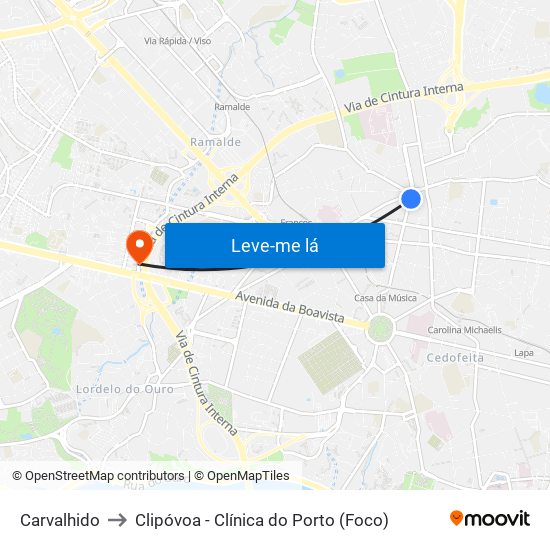 Carvalhido to Clipóvoa - Clínica do Porto (Foco) map