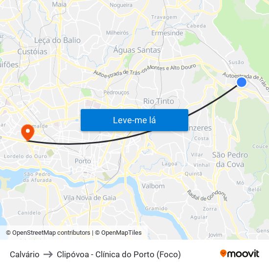 Calvário to Clipóvoa - Clínica do Porto (Foco) map