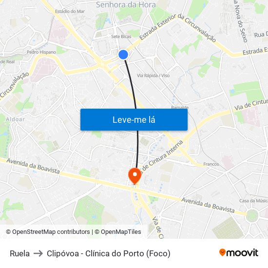 Ruela to Clipóvoa - Clínica do Porto (Foco) map