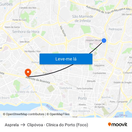 Asprela to Clipóvoa - Clínica do Porto (Foco) map