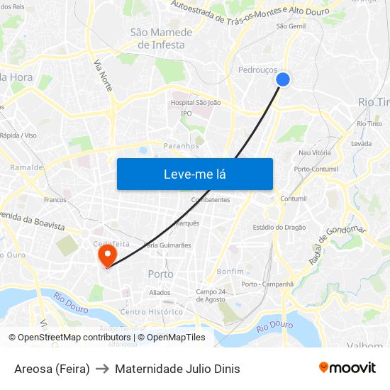 Areosa (Feira) to Maternidade Julio Dinis map