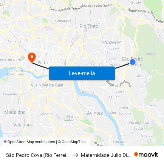 São Pedro Cova (Rio Ferreira) to Maternidade Julio Dinis map