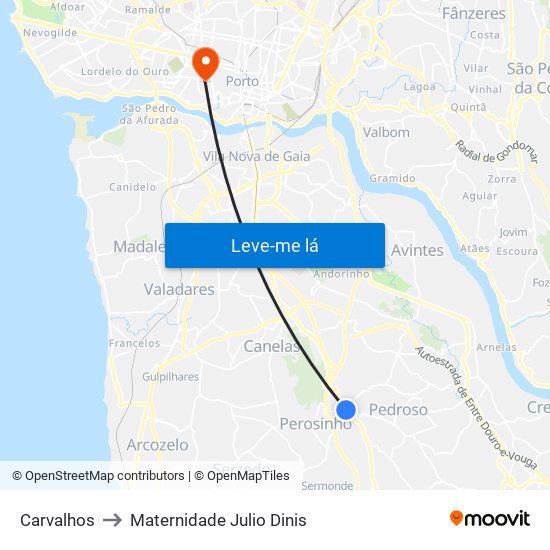 Carvalhos to Maternidade Julio Dinis map