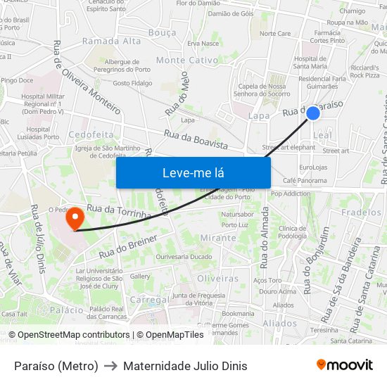 Paraíso (Metro) to Maternidade Julio Dinis map
