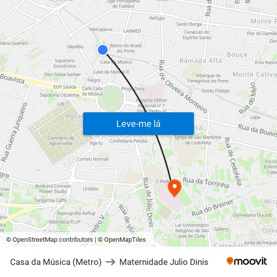 Casa da Música (Metro) to Maternidade Julio Dinis map