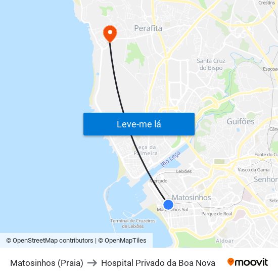 Matosinhos (Praia) to Hospital Privado da Boa Nova map