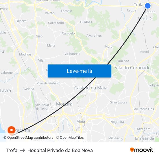 Trofa to Hospital Privado da Boa Nova map