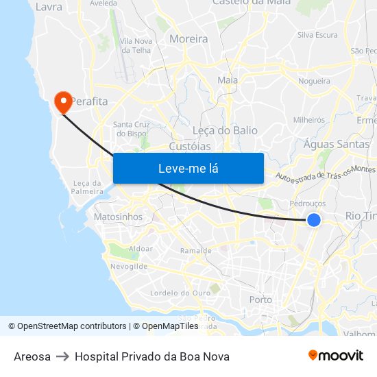 Areosa to Hospital Privado da Boa Nova map