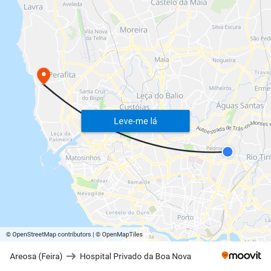 Areosa (Feira) to Hospital Privado da Boa Nova map