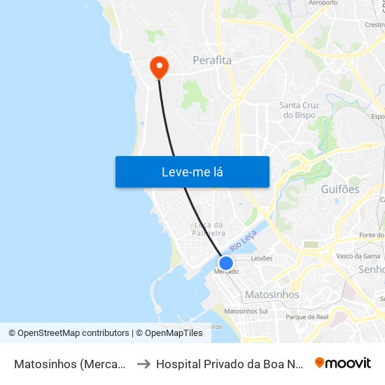 Matosinhos (Mercado) to Hospital Privado da Boa Nova map
