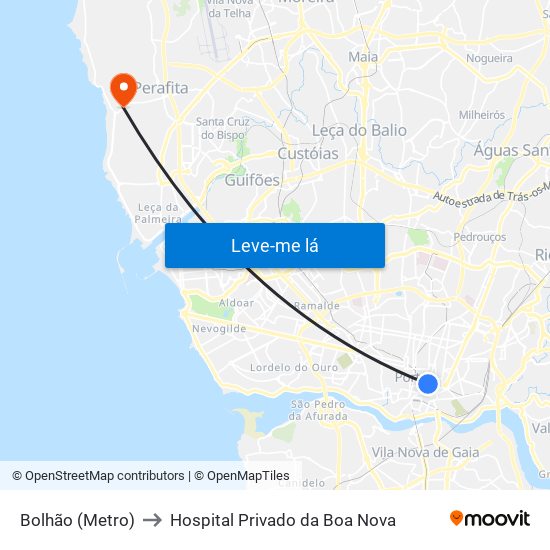 Bolhão (Metro) to Hospital Privado da Boa Nova map