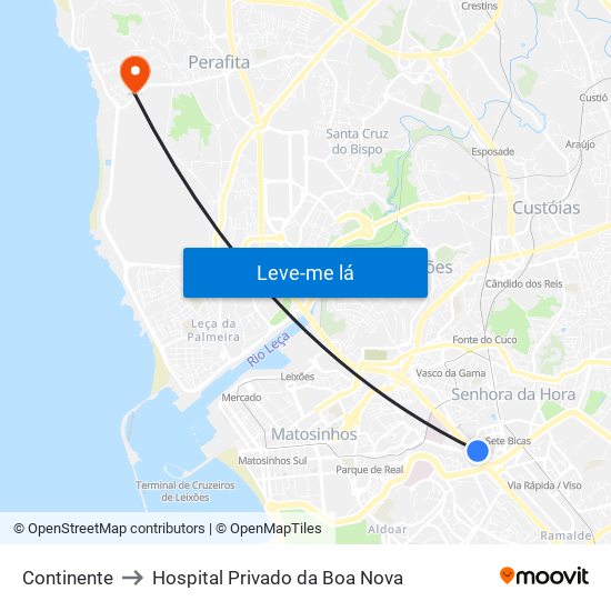Continente to Hospital Privado da Boa Nova map