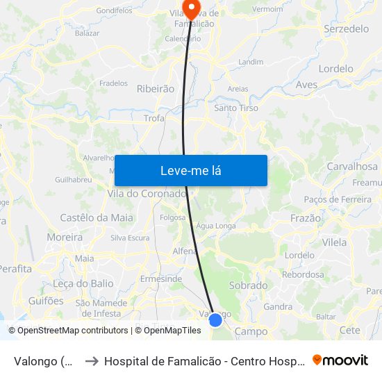 Valongo (Centro) to Hospital de Famalicão - Centro Hospitalar Médio Ave map
