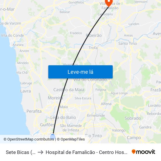 Sete Bicas (Metro) to Hospital de Famalicão - Centro Hospitalar Médio Ave map