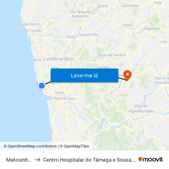 Matosinhos (Praia) to Centro Hospitalar do Tâmega e Sousa, EPE - Unidade Padre Américo map