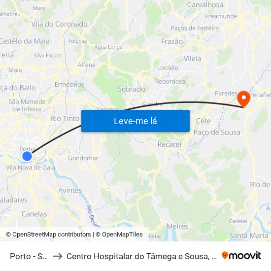 Porto - São Bento to Centro Hospitalar do Tâmega e Sousa, EPE - Unidade Padre Américo map