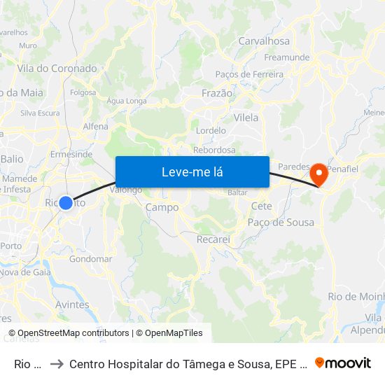 Rio Tinto to Centro Hospitalar do Tâmega e Sousa, EPE - Unidade Padre Américo map