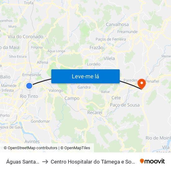 Águas Santas - Palmilheira to Centro Hospitalar do Tâmega e Sousa, EPE - Unidade Padre Américo map