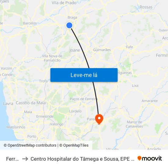 Ferreiros to Centro Hospitalar do Tâmega e Sousa, EPE - Unidade Padre Américo map