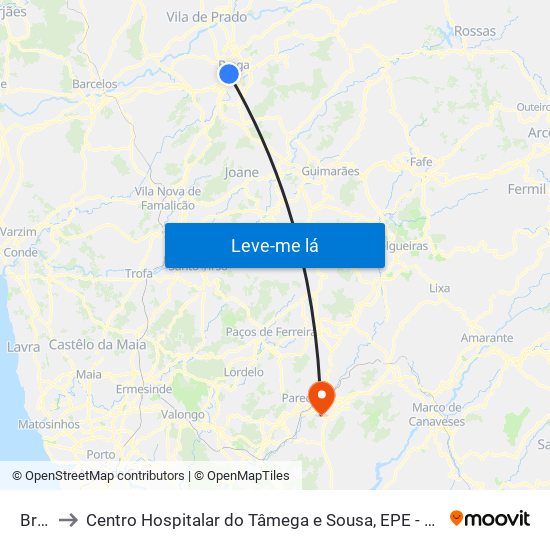 Braga to Centro Hospitalar do Tâmega e Sousa, EPE - Unidade Padre Américo map