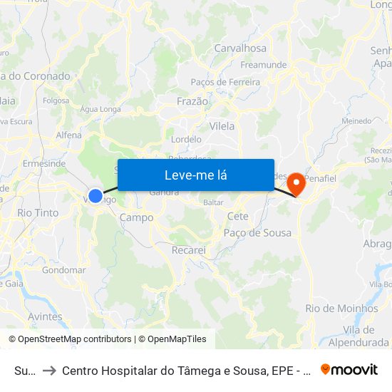 Suzão to Centro Hospitalar do Tâmega e Sousa, EPE - Unidade Padre Américo map