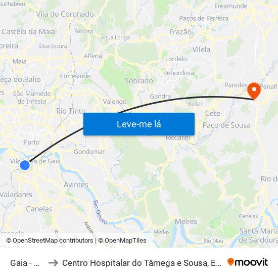 Gaia - Devesas to Centro Hospitalar do Tâmega e Sousa, EPE - Unidade Padre Américo map