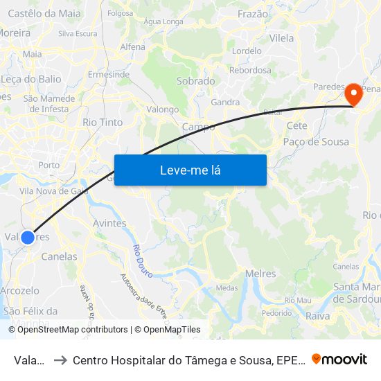 Valadares to Centro Hospitalar do Tâmega e Sousa, EPE - Unidade Padre Américo map