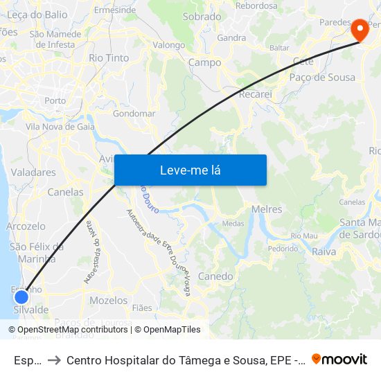 Espinho to Centro Hospitalar do Tâmega e Sousa, EPE - Unidade Padre Américo map